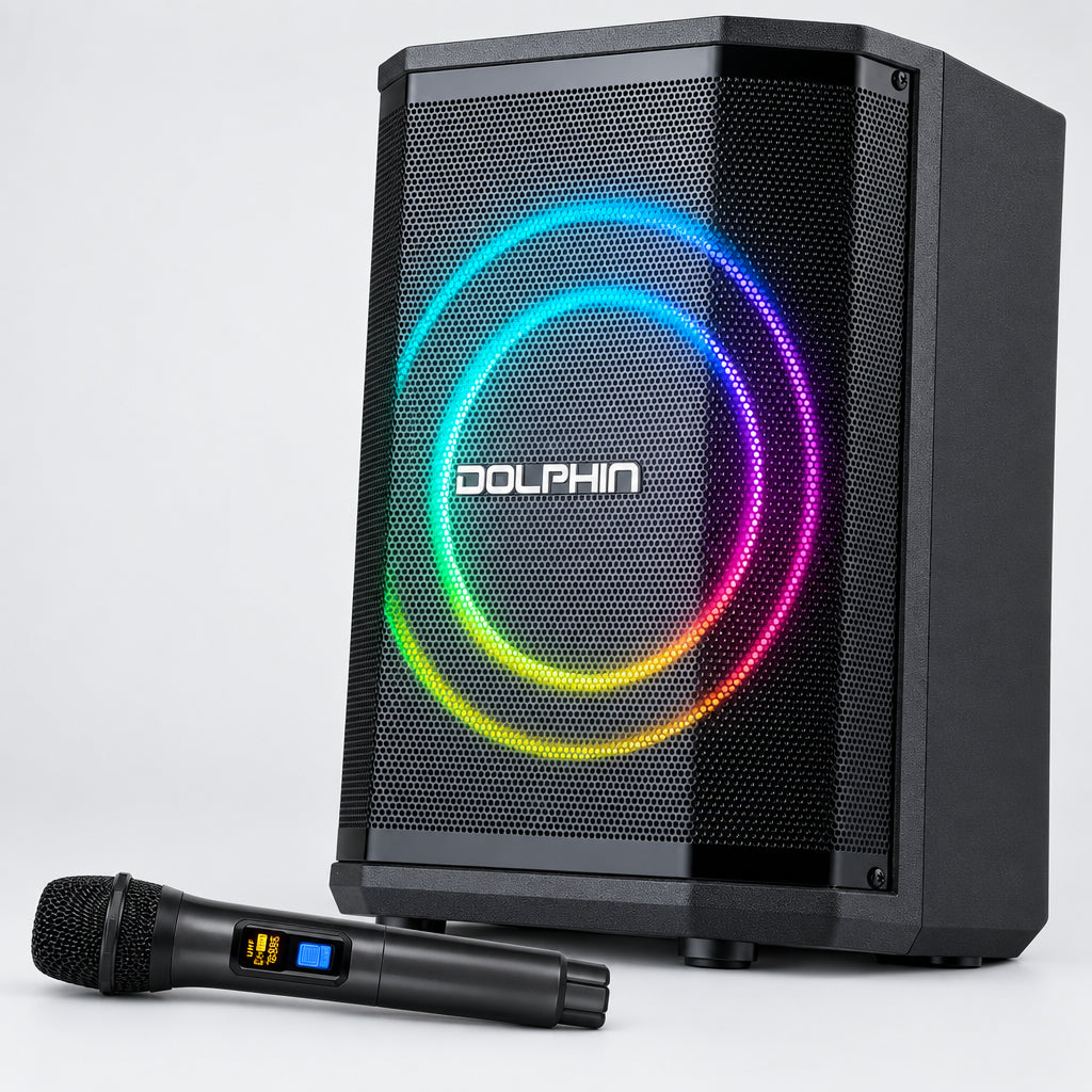 Dolphin SP-885RBT Rechargeable Portable Bluetooth Party Speakers, Tiltable, 3D LED Ring Light, TWS, Wireless Microphone, and Multiple Playback Options