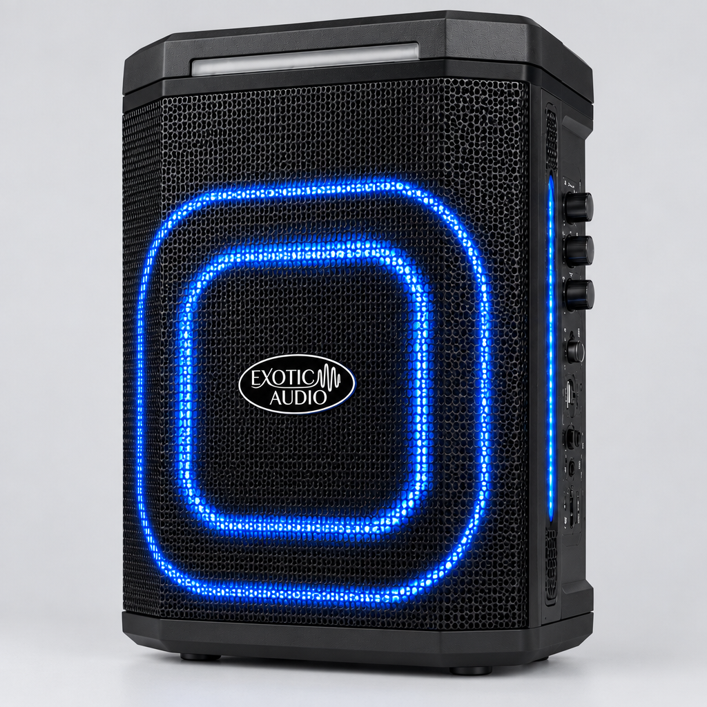 Exotic Audio EA-S8001 8" Rechargeable Bluetooth Karaoke Party Speaker with Wireless Microphone, Remote Control, LED Lights, FM Radio & TWS