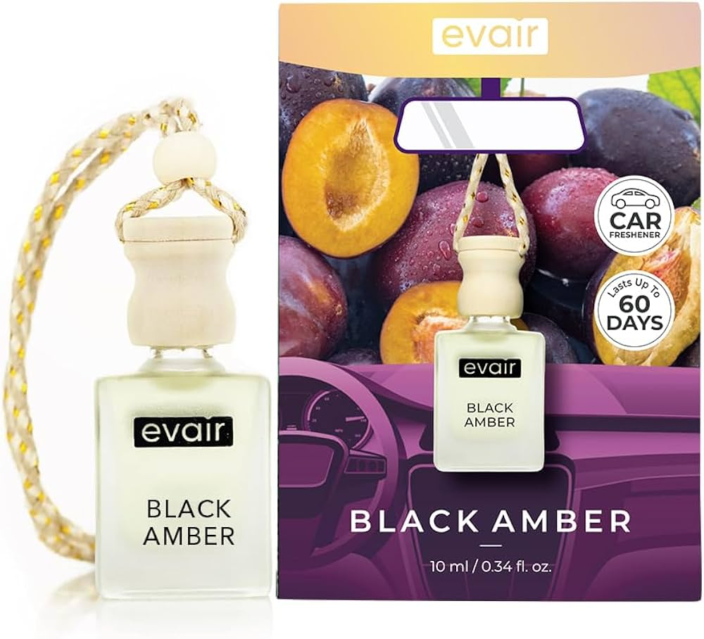 Evair Car Air Freshener – Black Amber Essential Oil Diffuser | 10ml Glass Bottle with Wooden Lid – Pack of 1