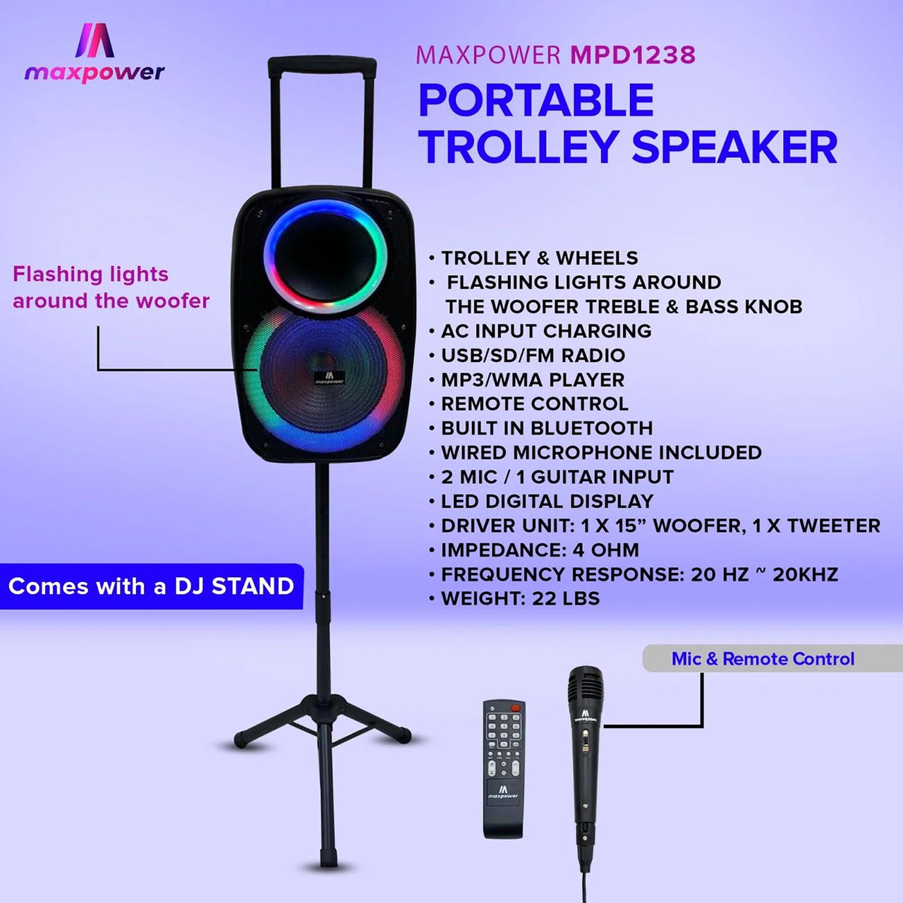 Max Power MPD1238 Karaoke Speaker – Portable PA System with Wired Mic - Image 3